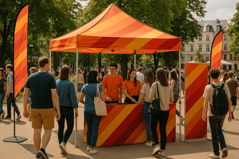Reklaminė palapinė lauko renginyje, kurioje lankytojai bendrauja su įmonės atstovais.