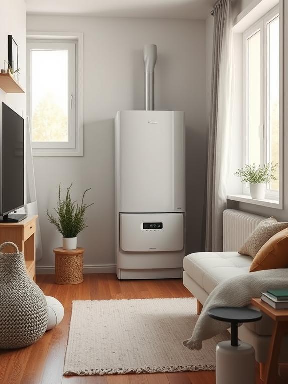 Šildymo katilas modernaus nedidelio namo viduje, perteikiantis komfortą ir energijos efektyvumą.